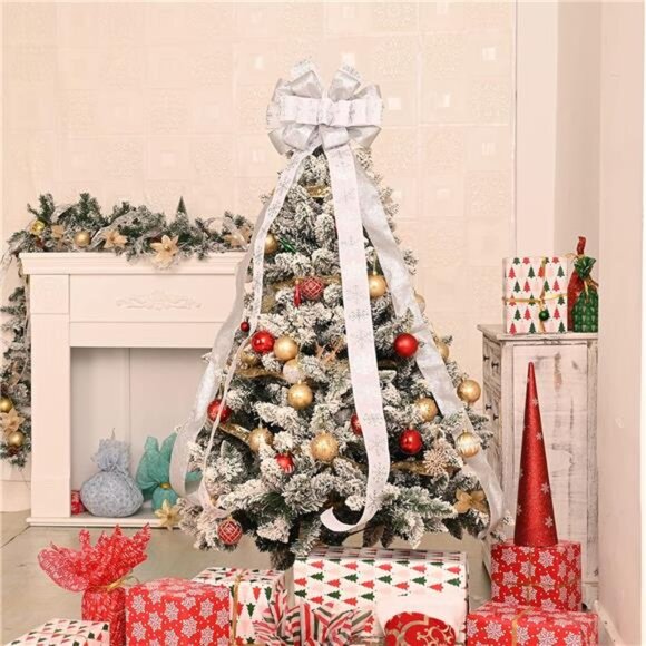 40x13 Inches Toppers Bow with Glitter Satin Mesh Streamer and Patterned White - Picture 4 of 5